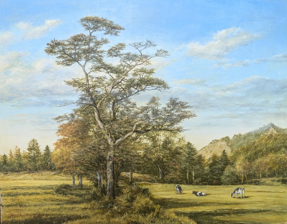中村英夫 「高原の夕暮」 油彩8号 リアリズム画家 油絵 牛
