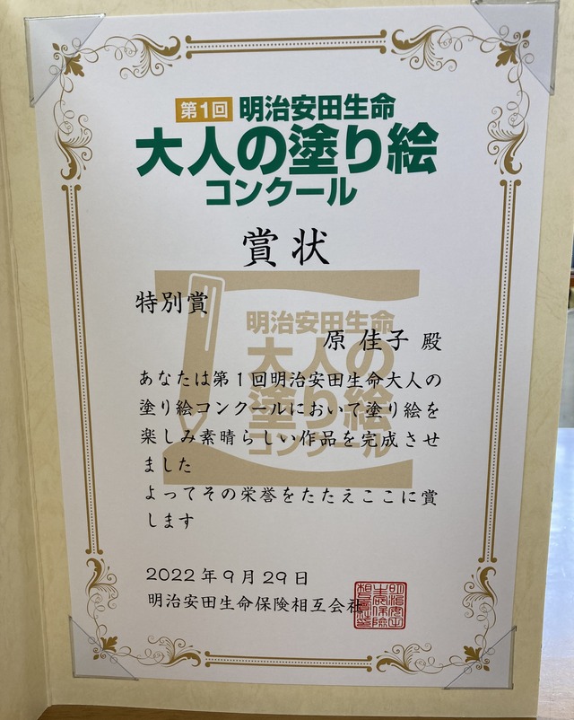 第１回明治安田生命 大人の塗り絵コンクールで特別賞を頂きました ぶんちゃんの日記