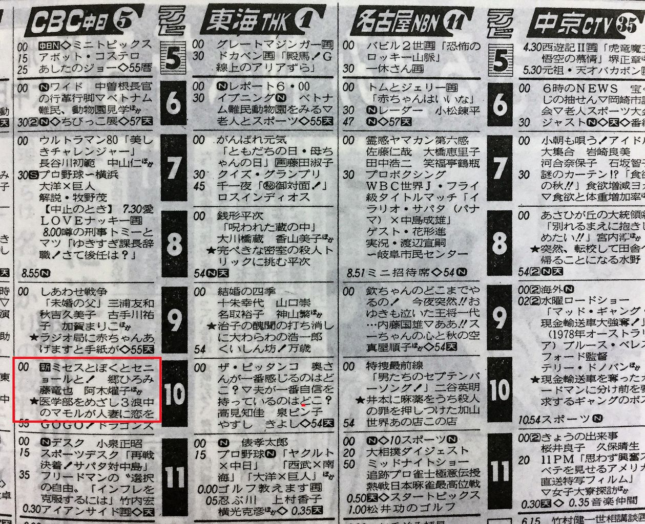 1980年9月17日 新聞テレビ欄 ミセスとぼくとセニョールと ਊ