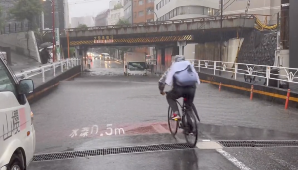 【動画】大雨で冠水している高架下に突っ込んでいくトラックと自転車