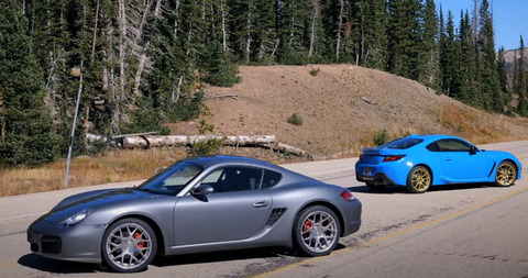 a-porsche-cayman-in-front-of-a-toyota-gr86