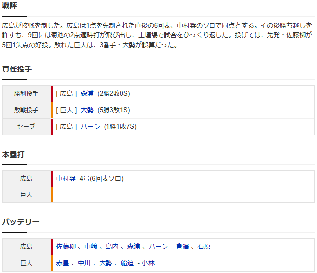 カープ菊池〝大勢攻略〟逆転2点タイムリー!奨成4号同点弾_スコア2