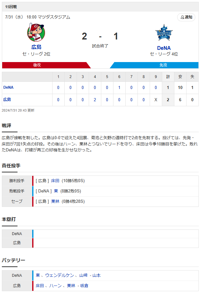 広島横浜_床田寛樹_東克樹_スコア