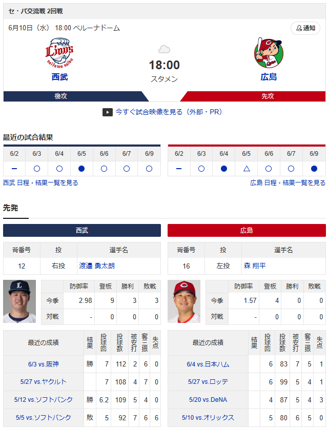 【カープ実況】林晃汰DH！勝田成ショート！先発「森翔平vs渡邉勇太朗」【広島-西武ベルーナドーム】
