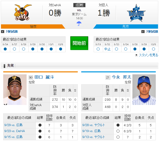 巨人横浜ＣＳファースト2回戦_田口今永