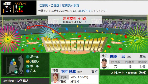 中村奨成ホームラン