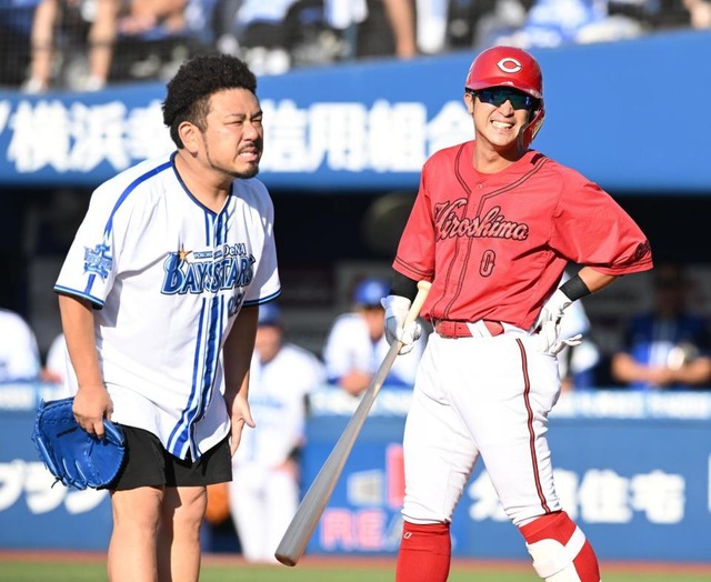 カープ上本崇司、鬼越トマホーク・金ちゃん始球式で死球を受ける「わざと当たりに行ってすいません」