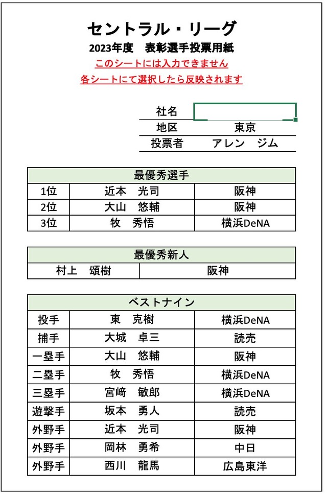セリーグベストナインMVP投票用紙2023年