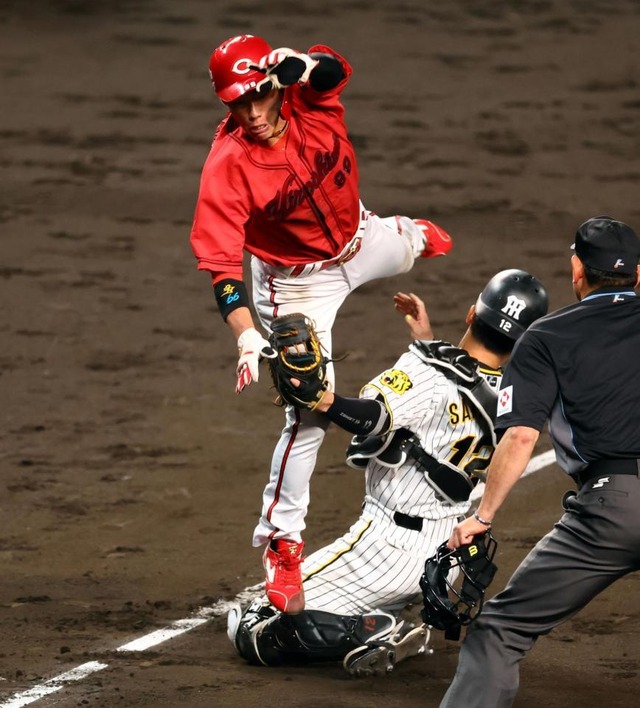 カープ二俣、本塁突入で阪神坂本と激しく交錯でヒヤリ。甲子園が悲鳴に包まれるも大事には至らず