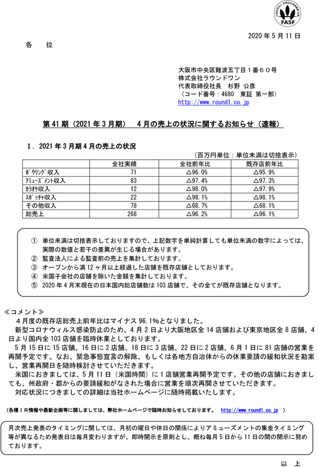 ラウンドワン_決算_コロナショック