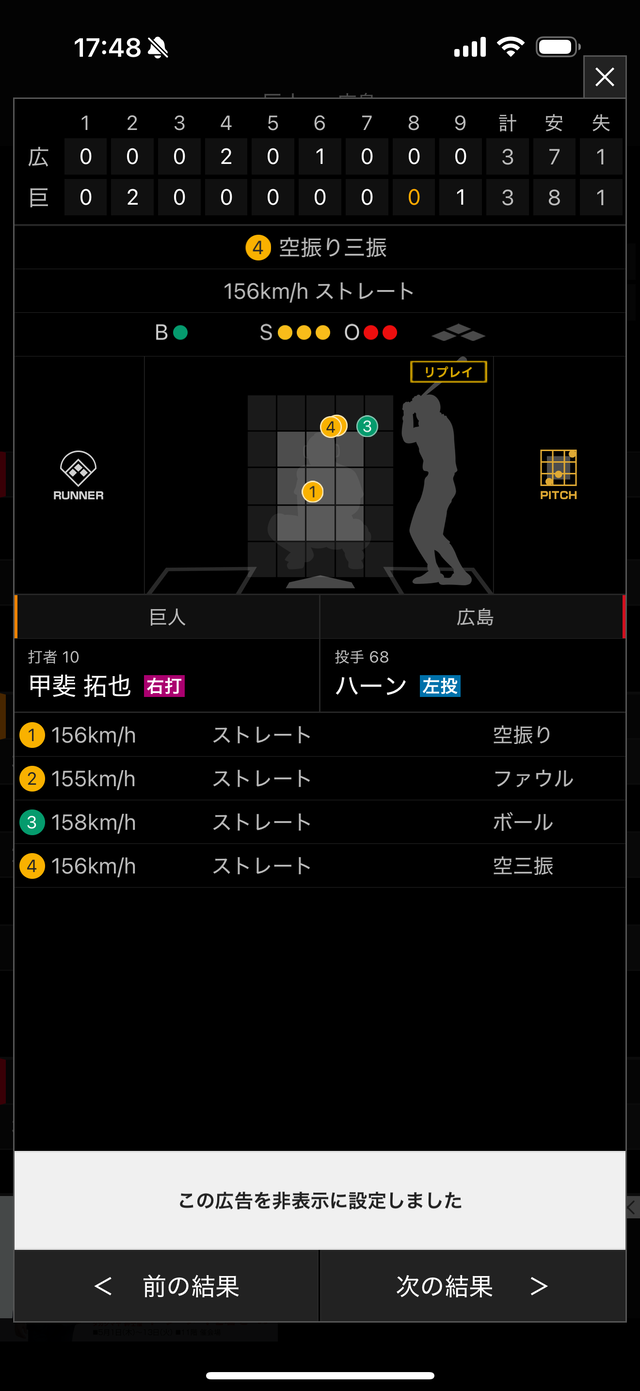 カープハーンが巨人打線を3者連続奪三振 (3)