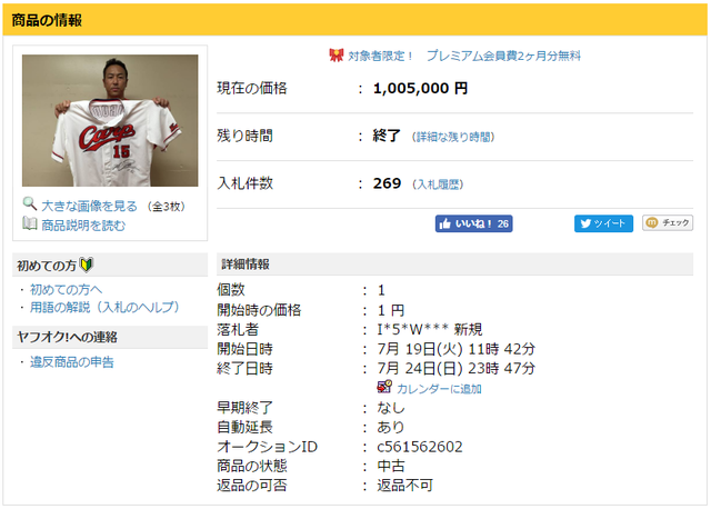 黒田博樹チャリティーオークション落札価格