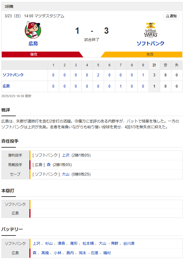 広島ソフトバンク_マツダスタジアム_スコア