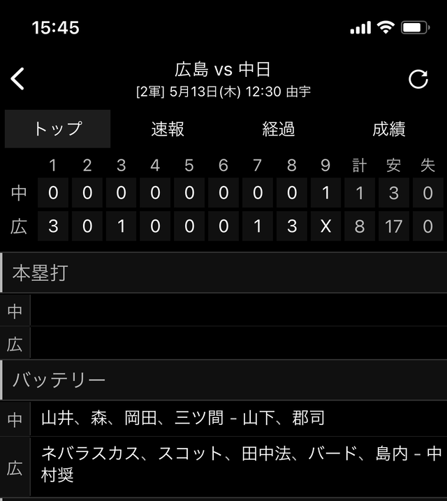 広島中日2軍スコア_Dネバラスカス実戦デビュー