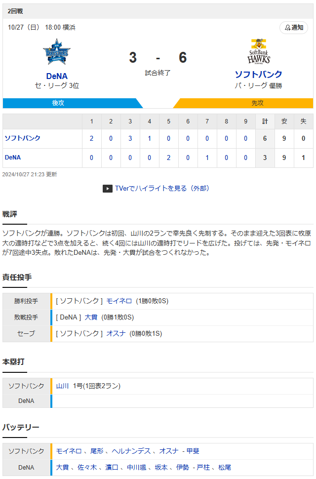横浜ソフトバンク_日本シリーズ_スコア
