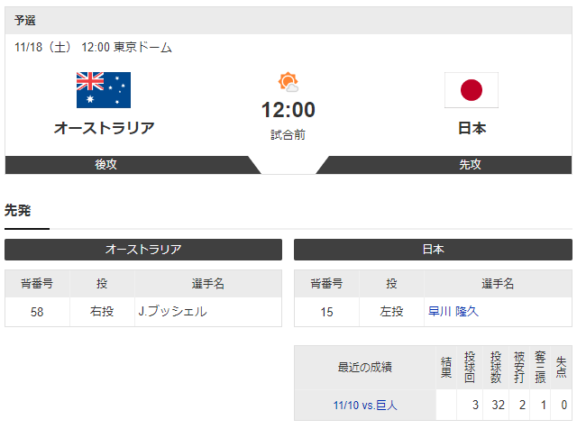 侍ジャパン_オーストラリア_アジアプロ野球CS_先発