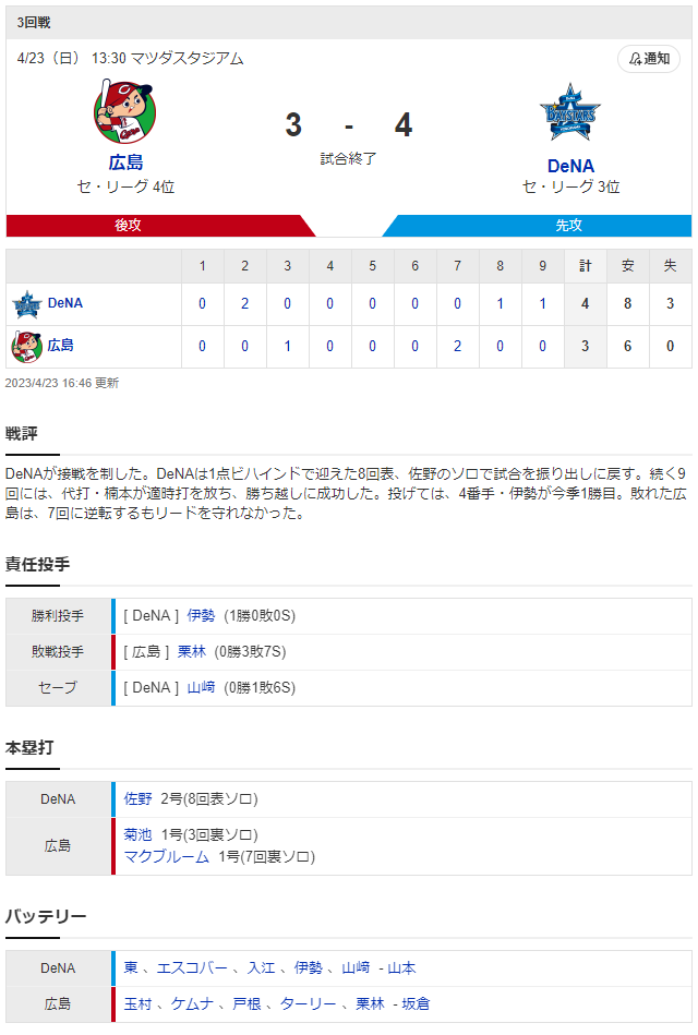 広島横浜_玉村昇悟_東克樹_スコア