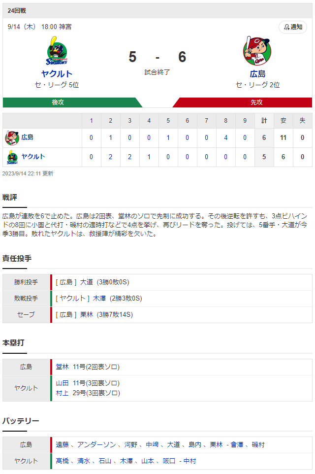 広島ヤクルト_遠藤淳志_高橋奎二_スコア