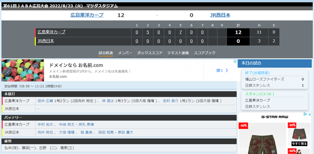 広島カープJR西日本スコア