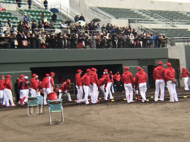 中村奨成キャンプ初日報道陣 (2)