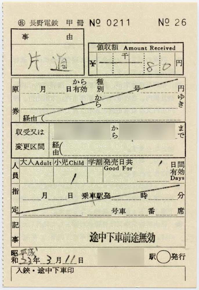 長野電鉄の特別補充券 : 制度系