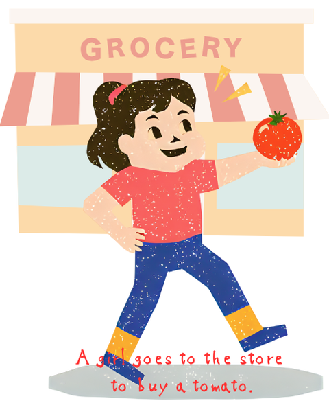 A girl goes to the store to buy a tomato.