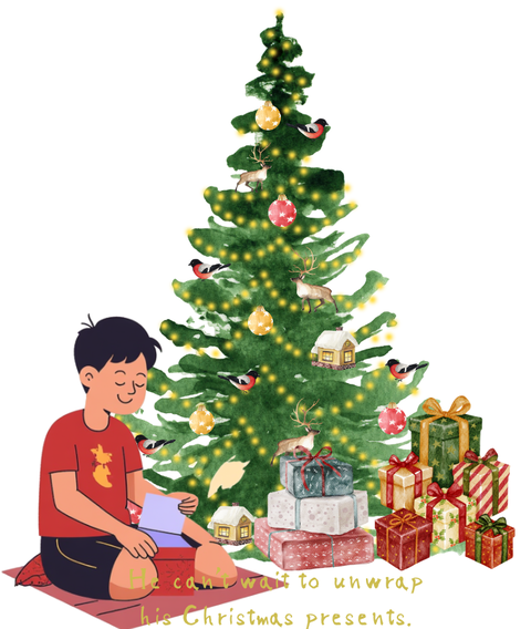 He can't wait to unwrap his Christmas presents.