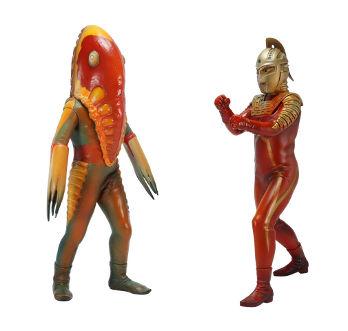 メトロン星人　ソフビ　座り夕焼けバージョン ウルトラセブン』と『メトロン星人』が、印象的な夕日に照らされ