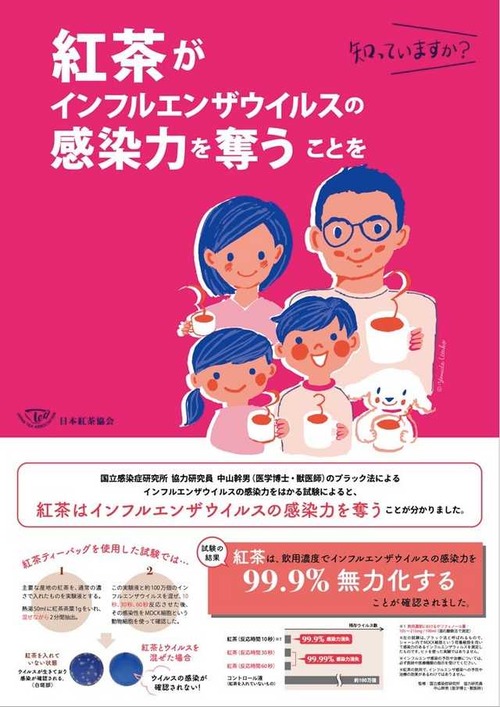 日本紅茶協会「紅茶がインフルエンザの感染力を99.9％無力化することが分かりました！！！」 	