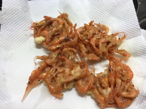 今日獲ってきた川エビを天ぷらにして食べてる(*´ω｀*)