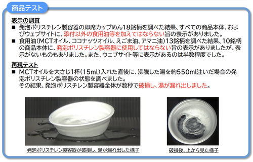 国民生活センター「カップ麺にえごま油やMCTオイルを入れたら容器が溶けます」