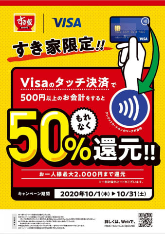 【朗報】すき家のタッチ決済で50%還元祭り ※非接触対応のVisaカードに限る