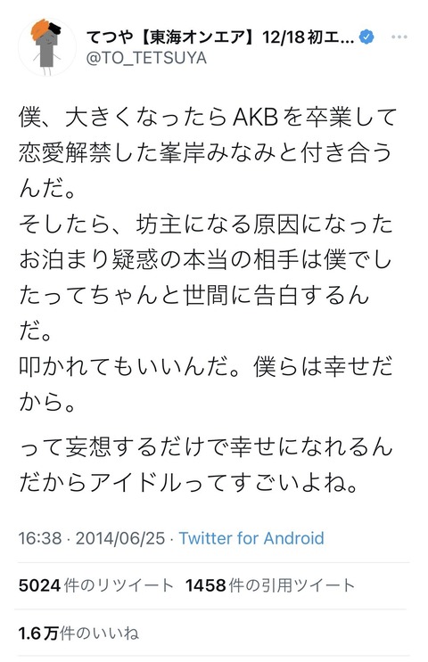 【朗報】推しと結婚できることをてつやが実証してくれた!お前らも頑張れ【峯岸みなみ】
