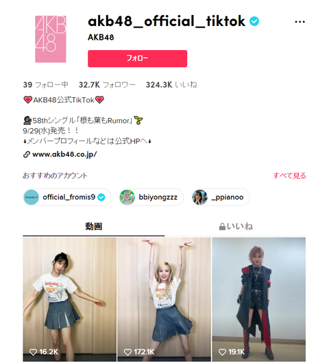 【悲報】AKB48公式TikTokで新曲センターの岡田奈々が本田仁美に10倍の差をつけられてしまう