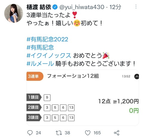 【朗報】元AKB48樋渡結依さん、有馬記念の3連単を的中！！