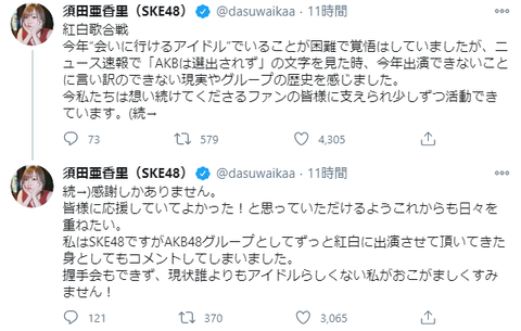 【SKE48】須田亜香里「ニュース速報で『AKBは選出されず』の文字を見た時、今年出演できないことに言い訳のできない現実やグループの歴史を感た」