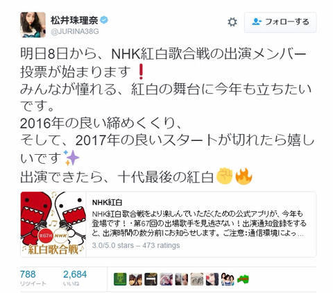 【SKE48】松井珠理奈は１端末１票の紅白総選挙で山本彩・宮脇咲良に勝てるのか？