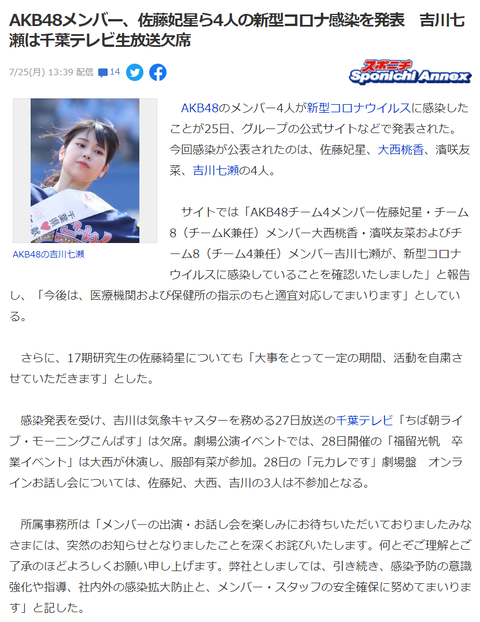 佐藤妃星・大西桃香・濵 咲友菜・吉川七瀬が新型コロナ感染