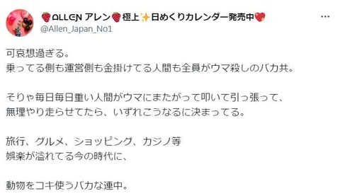 【競馬】「ウマ殺しのバカ共」「動物をコキ使うバカな連中」スキルヴィング急死めぐり整形タレント・アレンが猛批判