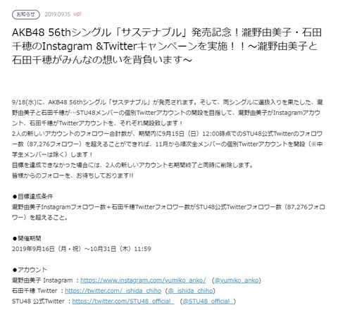 【STU48】瀧野由美子・石田千穂のSNSフォロワー数企画が案の定失敗しそうwww