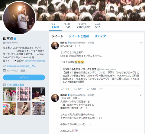 【Twitter】山本彩が指原莉乃を抜きフォロワー数現役AKB48Gメンバートップに!