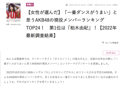 【AKB48】「一番ダンスがうまい」と思う現役メンバーランキング第1位は「柏木由紀」ｗｗｗ