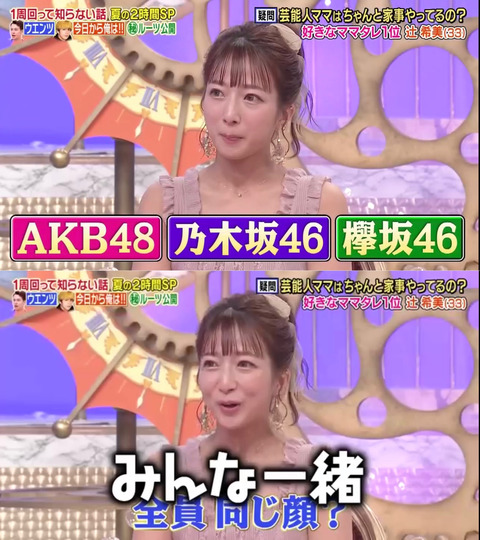 【悲報】辻希美「AKB48も乃木坂46も欅坂46も全員同じ顔、みんな一緒」