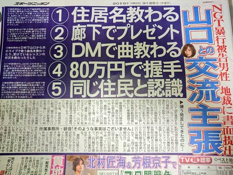 【NGT48暴行事件】スポニチ記事が完全に山口真帆に対する名誉毀損案件