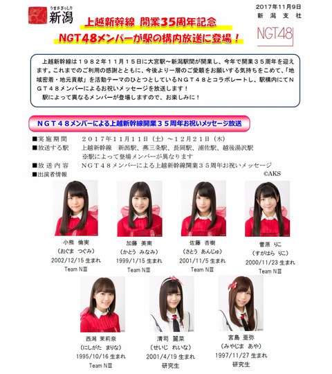 【朗報】NGT48メンバーが新潟県内の駅構内放送に登場!【上越新幹線開業35周年】