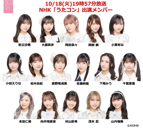 【AKB48】NHK「うたコン」出演メンバー発表！