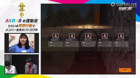 【悲報】AKB48e運動会・荒野行動で26キルして1位になった奥原妃奈子ちゃん、MVPを取れず号泣