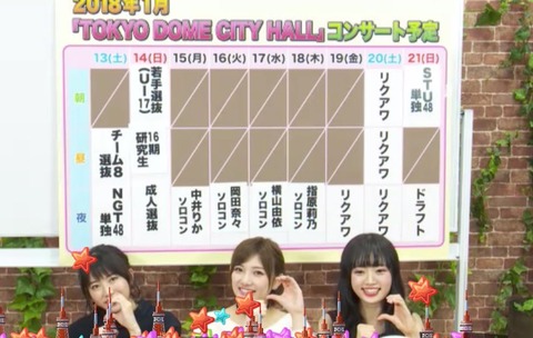 【TDC公演決定!!!】チーム8、NGT、U-17、16期、成人式選抜、中井りか、横山由依、指原莉乃、岡田奈々、STU【1/13~21】