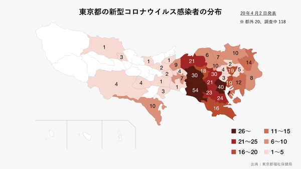 東京都新型コロナウイルスCOVID19感染者人数区市町村分布地図新宿区杉並区練馬区港区世田谷区多摩地域