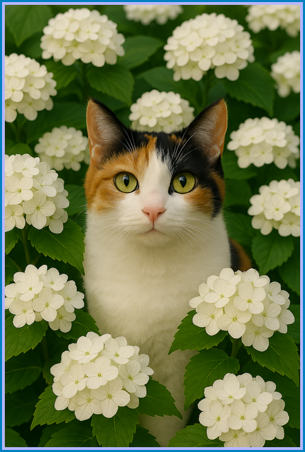 この絵の猫を三毛猫にしてください。紫陽花の花を白にしてください